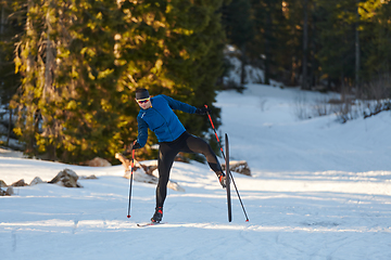 Image showing Nordic skiing or Cross-country skiing classic technique practiced by man in a beautiful panoramic trail at morning.Selective focus.