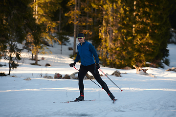 Image showing Nordic skiing or Cross-country skiing classic technique practiced by man in a beautiful panoramic trail at morning.Selective focus.