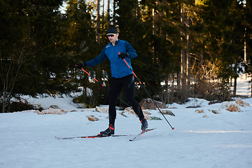 Image showing Nordic skiing or Cross-country skiing classic technique practiced by man in a beautiful panoramic trail at morning.Selective focus.