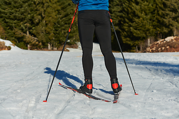 Image showing Nordic skiing or Cross-country skiing classic technique practiced by man in a beautiful panoramic trail at morning.Selective focus.