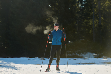 Image showing Nordic skiing or Cross-country skiing classic technique practiced by man in a beautiful panoramic trail at morning.Selective focus.