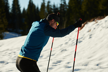 Image showing Nordic skiing or Cross-country skiing classic technique practiced by man in a beautiful panoramic trail at morning.Selective focus.