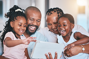 Image showing Grandparents, elearning or happy kids with tablet in family home living room for movie streaming. Grandfather, grandmother laughing or children siblings bonding or playing games on internet together