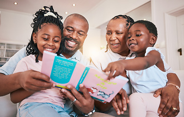 Image showing Education, happy kids or grandparents reading book for learning, child development or bonding at home. Grandmother, black family or grandfather storytelling with children with love, smile and support