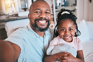 Image showing Grandfather, selfie and portrait of black kid in home living room, bond and relax together. African grandpa, happy and face of girl child with family care, love or smile for profile picture in house