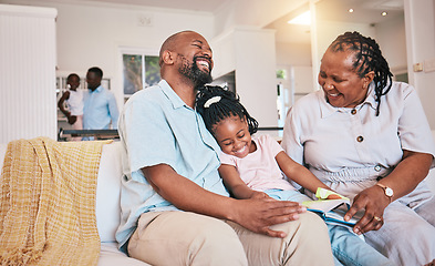 Image showing Laughing, girl or happy grandparents reading book for learning, child development or bonding at home. Funny grandmother, black family or grandfather storytelling with kid with love, smile or support