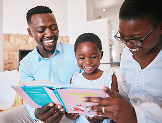 Image showing Reading, parents and girl with book in living room for bonding, quality time and child development. Happy family, home and mother, father and kid on sofa with story, fairytale and novel for learning