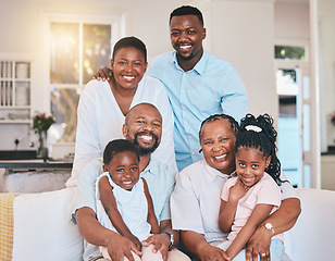 Image showing Grandparents, big family or portrait of happy kids with parents bonding together on holiday weekend. Grandfather, grandmother or African dad smiling with mom, girl or children with support at home