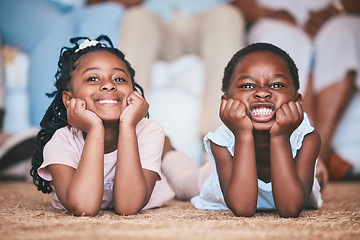 Image showing Relax, girls or portrait of happy kids on the floor, carpet or mat bonding or playing in family home together. Funny, children or faces of African children siblings love resting or enjoying holiday