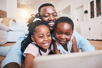 Image showing Online, happy and tablet with black family in living room for streaming, games and elearning app. Digital, technology and internet with man and children at home for movies, education and network