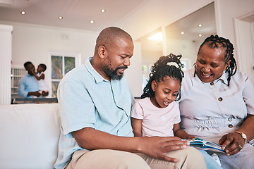 Image showing Education, girl or grandparents reading book for learning, child development or bonding at home. Happy grandmother, black family or grandfather storytelling with kid with love, smile and support