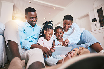 Image showing Relax, streaming and tablet with black family in living room for happy, games and elearning app. Digital, technology and internet with parents and children at home for movies, education and network