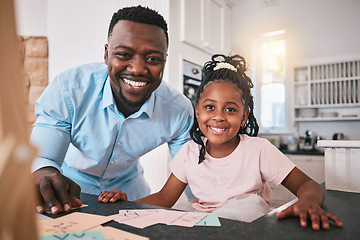 Image showing Black man, girl and education, portrait and happy, father helping child with school work at kitchen table. Teaching, learning and support, people at home with academic development and growth