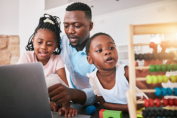 Image showing Black family, laptop and elearning, father and girl children, education and helping with math school work. Teaching, learning and support, black man with young female kids at home in online class