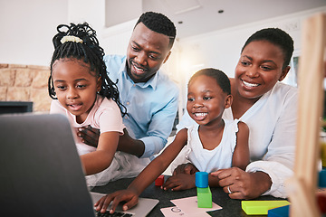 Image showing Black family, laptop and elearning, education and happiness, parents help children with school work. Teaching, learning and support, man and woman with young kids at home, online class and fun