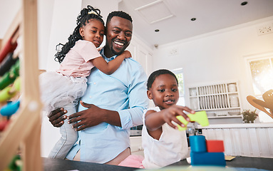 Image showing Black man, girl children are happy with building blocks, games and people at home playing with toys. Education, learning and support, development and growth, dad and female kids, puzzle and childcare