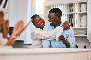 Image showing Coffee, hug or happy black couple in kitchen talking or laughing to relax with love or care at home. Smile, morning or African man speaking to woman with tea drink bonding in conversation together