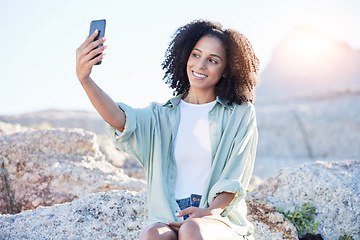 Image showing Woman, smile and selfie at beach on travel blog, social media post or memory of summer vacation. Happy female influencer, photography or gen z content creator on holiday, freedom or sunshine at ocean