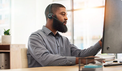 Image showing Call center, computer and man, agent or consultant for communication, technical support and consulting online. Agency, advice and IT person in virtual telemarketing, helping or web contact on desktop