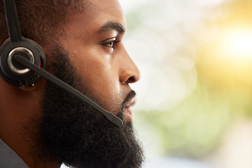 Image showing Face, profile of black man and call center, headset with mic and customer service employee, CRM and mockup space. Male consultant at help desk job, flare and serious for contact us and tech support