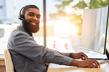 Image showing Man, portrait and call center computer for consultant communication, technical support and consulting online. Agency, face and IT person for virtual consultation, helping and web contact on desktop