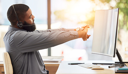 Image showing Call center computer, customer service or black man stretching for ergonomic health in CRM telemarketing office. Ready receptionist, help consultant or contact us advisor in morning warm up routine