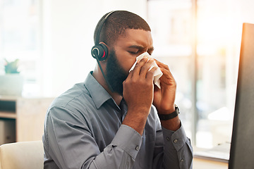 Image showing Call center, sick and black man with a virus, allergy or customer service agent with health issue, illness or bacteria. Male person, employee or consultant with flu, fatigue or allergies in an office