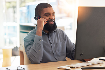 Image showing Man, computer and call center for communication, happy sales advisor and customer support in e commerce. Agency worker, telecom and african person with virtual chat, helping or web contact on desktop