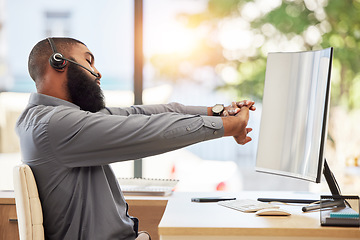 Image showing Call center computer, customer support or black man stretching for ergonomic health in CRM telemarketing office. Ready receptionist, help consultant or contact us advisor in morning warm up routine