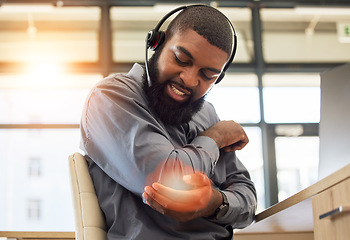 Image showing Black man, elbow pain and working in call center, injury and sick with overlay, customer service and health problem. Male agent, CRM and headset with mic, fibromyalgia and muscle tension with glow