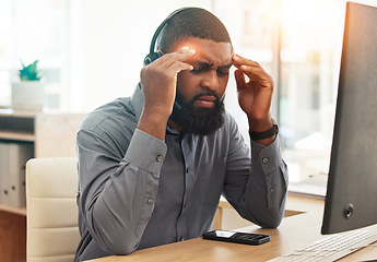 Image showing Call center, headache and business man stress, health risk and fatigue for communication or memory with red overlay. Agent, sales consultant or african person with pain, tired and brain fog or mind