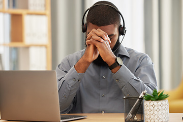 Image showing Call center, stress and business man praying, stress and fatigue for communication mistake or sales fail on laptop. Agent, consultant or person with depression, tired and faith or hope for e commerce