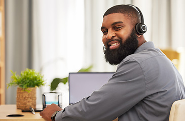 Image showing Man, portrait and call center laptop for consultant communication, technical support and work from home agency. Face of IT person with virtual telemarketing, helping and website contact on computer