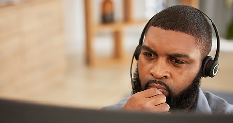 Image showing Call center, thinking and man, agent or consultant with technical support, problem solving or sales review online. Computer, mockup space and solution with IT person at information technology agency