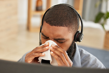 Image showing Telemarketing, sick or black man with a virus, allergy or call center agent with health issue, illness or tissue. Male person, customer service or consultant with bacteria, flu or sneeze in an office