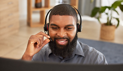 Image showing Call center, computer and man or agent for communication, happy sales and customer support in e commerce. Agency headphones, telecom and african person for virtual chat, helping or contact on desktop