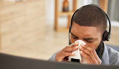 Image showing Telemarketing, sick and black man with a virus, tissue and call center agent with health issue, illness and medical symptoms. Male person, employee and consultant with bacteria, allergies and flu