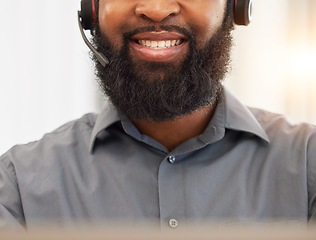 Image showing Face, mouth of black man and call center, headset with mic and customer service employee, CRM and smile. Male consultant teeth, help desk job and communication with contact us and tech support