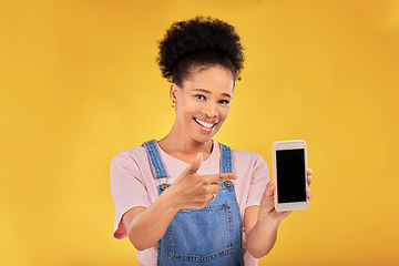 Image showing Phone screen, portrait and woman presentation, mockup information or e learning faq and social media. Mobile app, ux design space and university student or african person on yellow, studio background