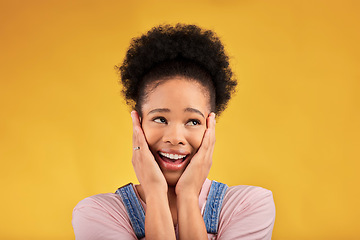 Image showing Thinking, surprise and woman with solution, ideas and opportunity on a yellow studio background. Female person, decision and model with creativity, wow and problem solving with inspiration and choice