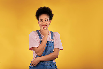 Image showing Nervous, black woman and biting nails in studio with oops reaction to gossip on yellow background. Mistake, sorry and female overwhelmed by fake news, drama or secret with regret, shame or awkward