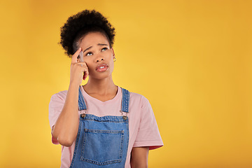 Image showing Question, thinking and woman confused, decision and choice against a yellow studio background. Female person, why and model anxious, stress and emoji with doubt, ideas and problem solving with memory