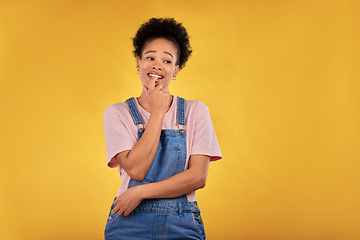 Image showing Thinking, decision and black woman in studio with choice, option or solution on yellow background. idea, doubt and African lady with questions, why or problem solving, ask or puzzled body language