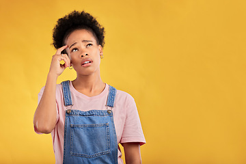 Image showing Mockup, thinking and woman confused, opportunity and solution against a yellow studio background. Female person, ideas and model with questions, decision and problem solving with doubt and choice