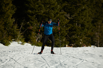 Image showing Nordic skiing or Cross-country skiing classic technique practiced by man in a beautiful panoramic trail at morning.Selective focus.