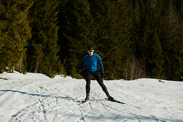 Image showing Nordic skiing or Cross-country skiing classic technique practiced by man in a beautiful panoramic trail at morning.Selective focus.