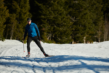 Image showing Nordic skiing or Cross-country skiing classic technique practiced by man in a beautiful panoramic trail at morning.Selective focus.