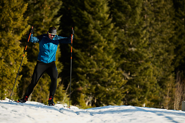 Image showing Nordic skiing or Cross-country skiing classic technique practiced by man in a beautiful panoramic trail at morning.Selective focus.