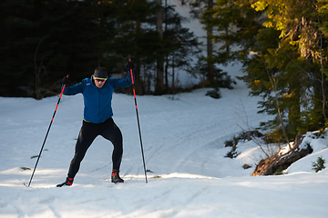 Image showing Nordic skiing or Cross-country skiing classic technique practiced by man in a beautiful panoramic trail at morning.Selective focus.