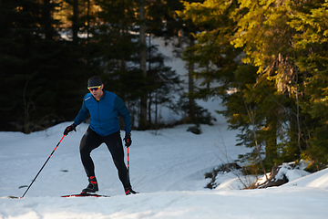 Image showing Nordic skiing or Cross-country skiing classic technique practiced by man in a beautiful panoramic trail at morning.Selective focus.